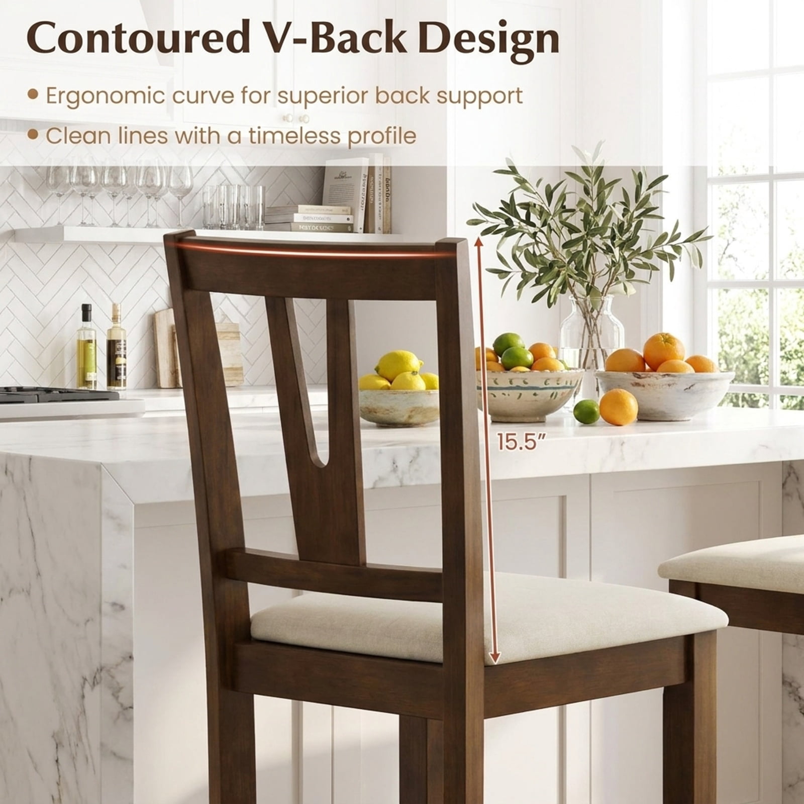 Furnibear Counter Height Bar Stools with Contoured V-Back-Set of 2 for Kitchen Island Counter Bar Pub Dining Home, Walnut