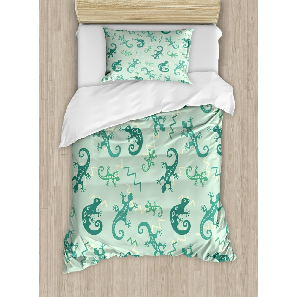 Reptile Twin Size Duvet Cover Set, African Exotic Lizards Chameleons