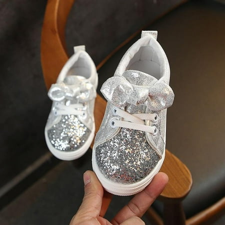 

Clearance Sale Spring Kids Girl Casual Shoes Girls Silver Sport Shoes Toddler Little Kids Big Kids Sequin Sneakers with Bow 0.5-5.5T