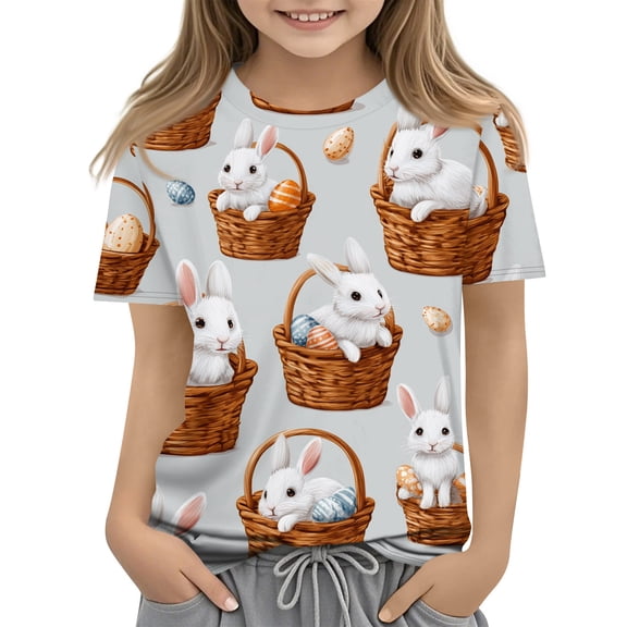 LTTVQM Easter Tops for Girls Short Sleeve Happy Rabbit Eggs Graphic T Shirts Loose Fit Round Neck Blouses Trendy Clothing Light Gray 9-10 Years