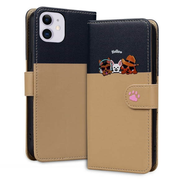 Allytech Wallet Case for iPhone 11 with Cute Cartoon Pattern, 3 Card Slots 1 Cash Slot Wrist Strap, Premium PU Leather Stand Magnetic Clasp Shockproof Protective Case, Khaki