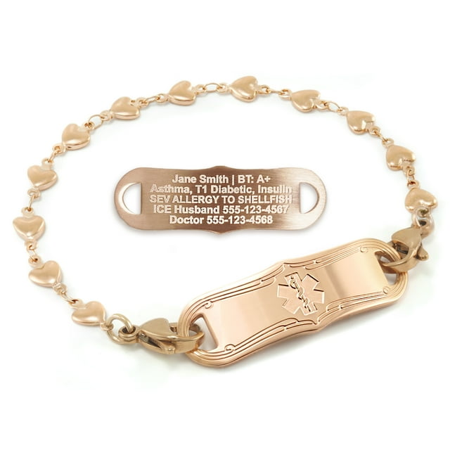 MedicEngraved Rose Gold Stainless Steel Custom Medical Alert Bracelet - 5mm Heart Link