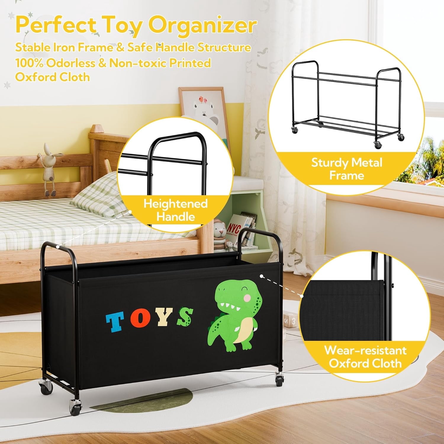 GRANNY SAYS Toy Storage Organizer, Kids Large Toy Box 135L Metal Toy Chest with Locking Wheels, Black