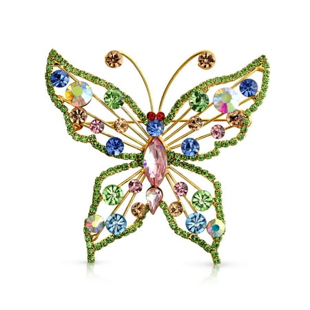 Large Multi Crystal Large Fashion Crystal Multicolor Rainbow Garden Statement Butterfly Brooch Pin For Women For Mother 14K Gold Plate Brass ()