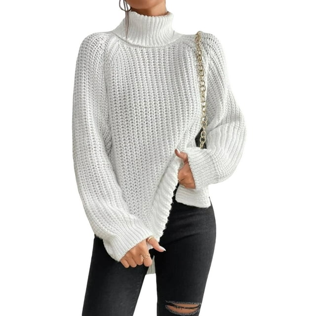 EYIIYE Chandail d'Automne Hiver pour Femmes à Manches Longues Col Roulé Tricoté chandail Couleur Unie Ourlet Fendu Long Tricoté Ample Décontracté Confortable