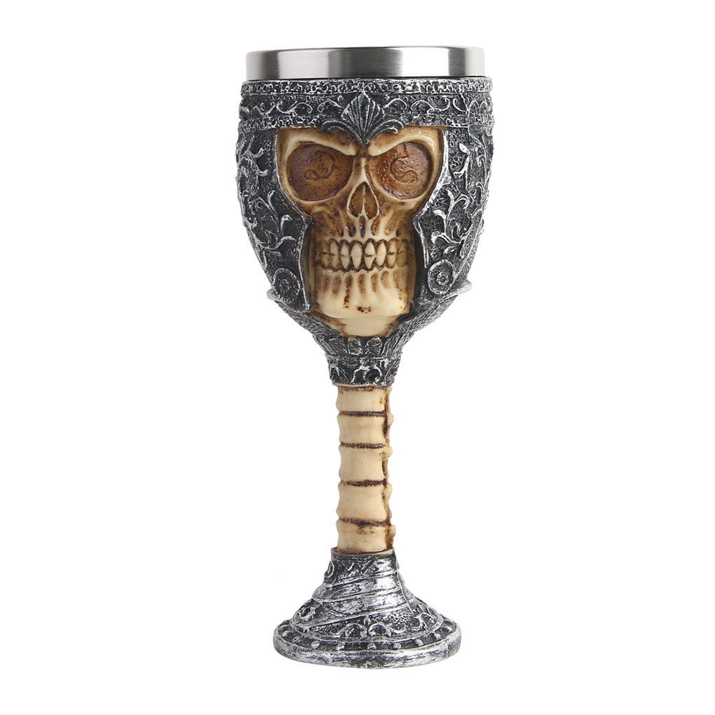 Halloween Skeleton Skull Bones Wine Glass Goblet Silver Metal Stem NEW 