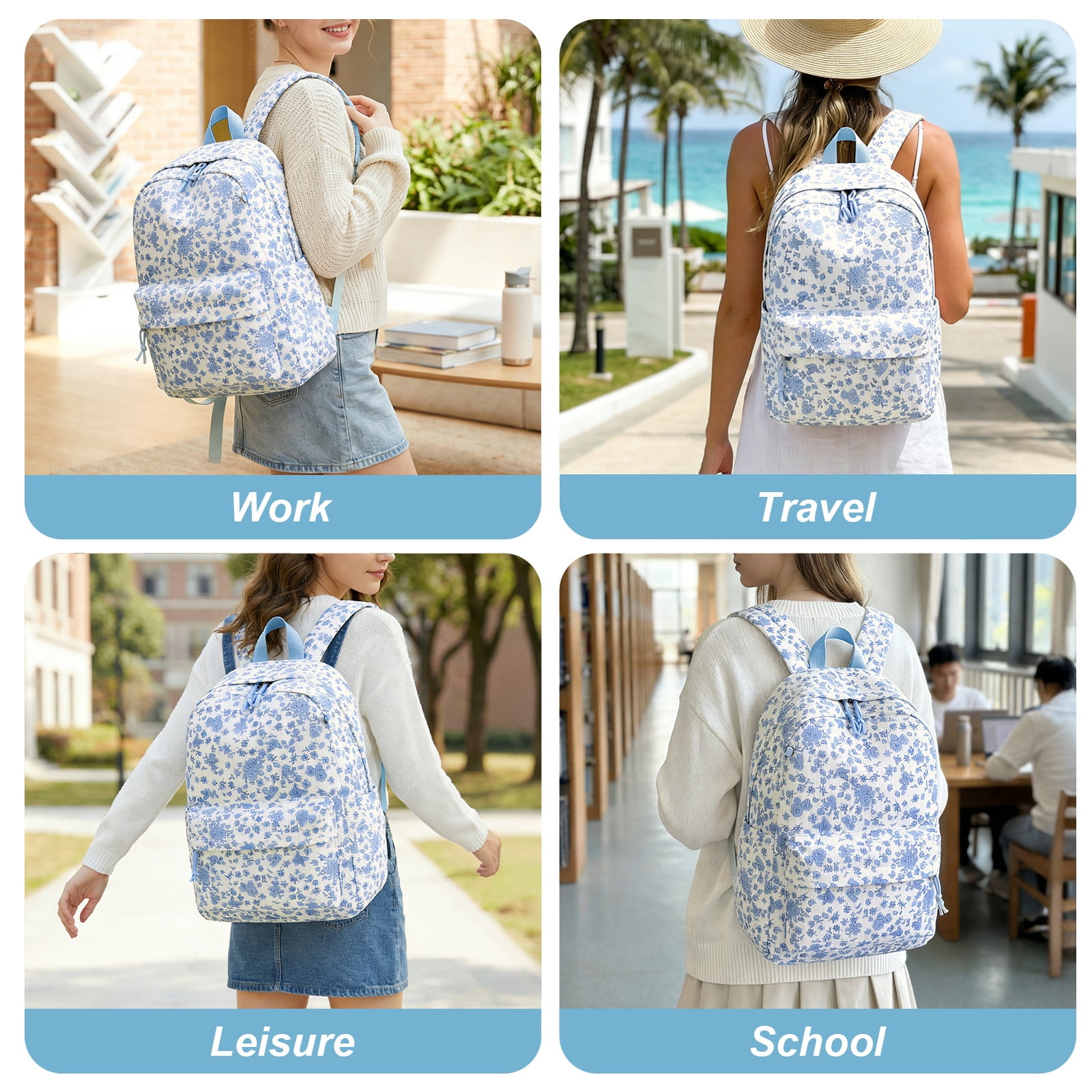 DAKIMOE School Backpack Large Capacity Bookbag Water-Resistant Laptop Backpacks for Teen adults, Lightweight Travel Daypack for Women Middle School College Blue Flower
