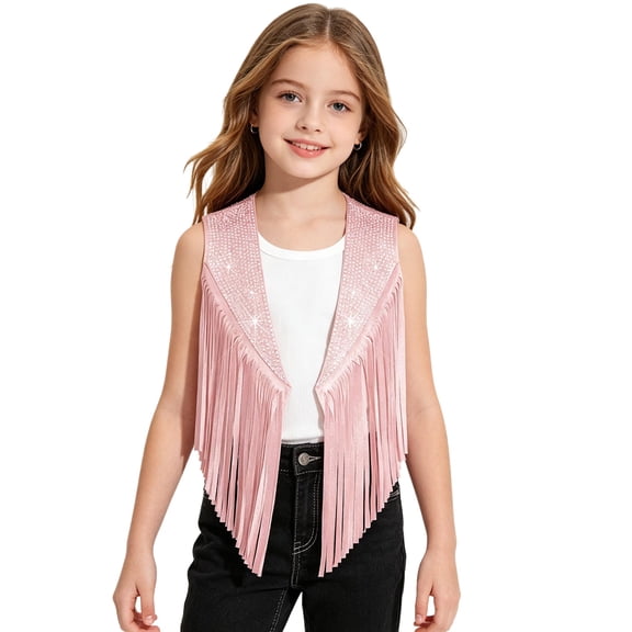 vastwit Kids Girls Western Cowgirl Vest Sparkly Rhinestones Sleeveless Rodeo Dress Up Jacket for Themed Party Pink 12