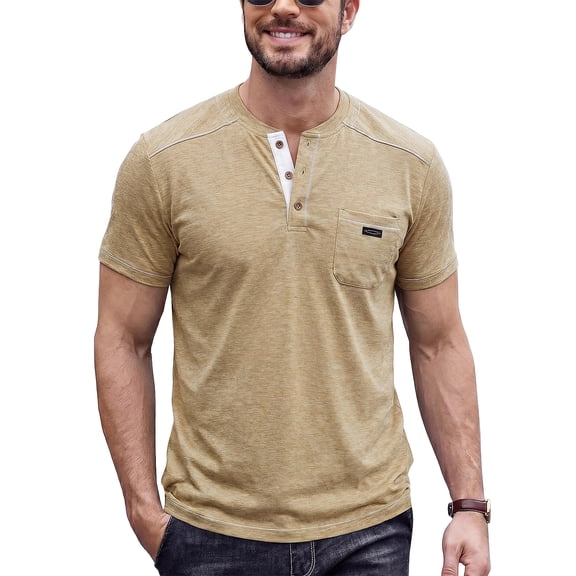 Men's Casual Henley Shirt Short Sleeve Cotton Fashion T-Shirt with Pocket, Retro Textured Slim Fit Summer Top Apricot 2XL