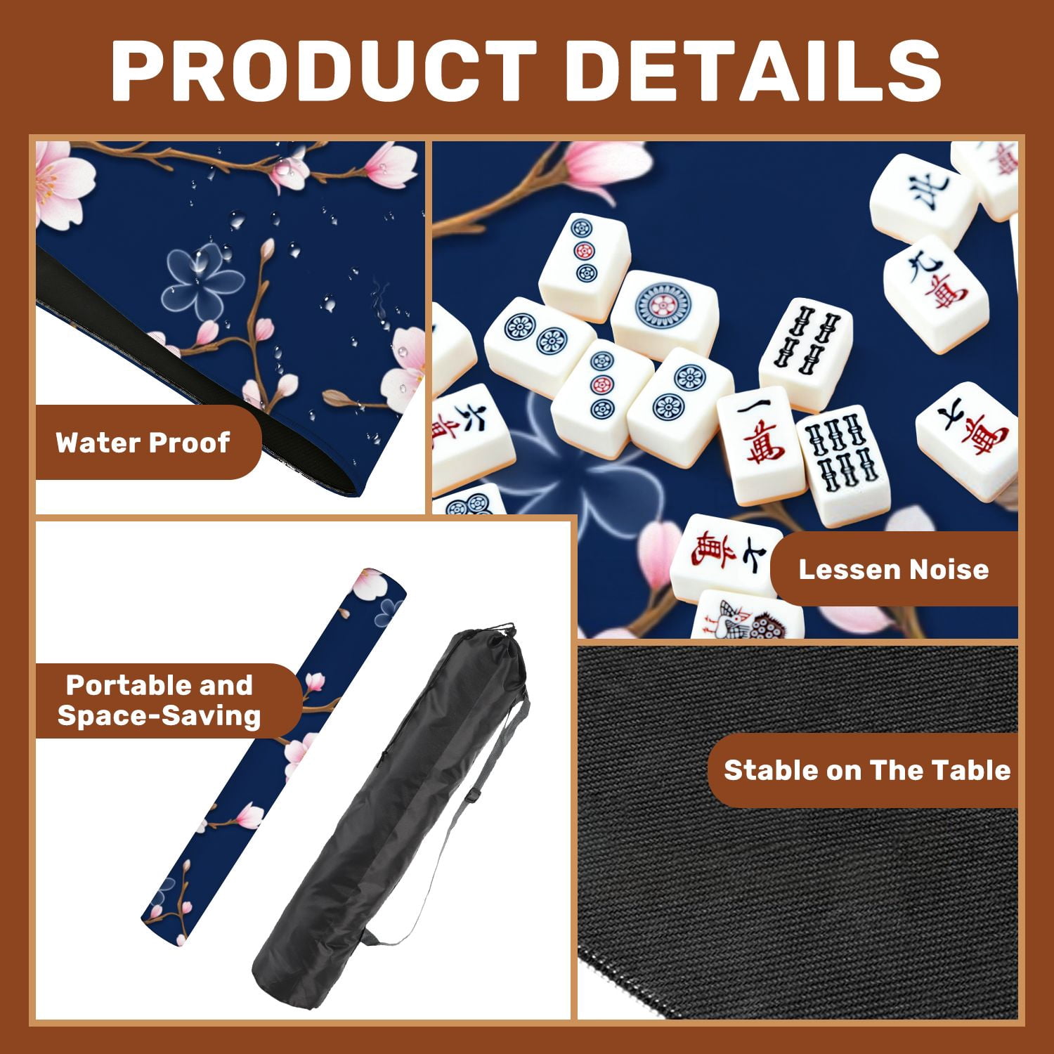 Mahjong Mat 31.5" x 31.5" Seamless Pink Cherry Blossom Branches Dark Blue Non-Slip Noise Reduction American Mahjong Tiles Table Cover for Dominoes Poker Card Board Games Gift