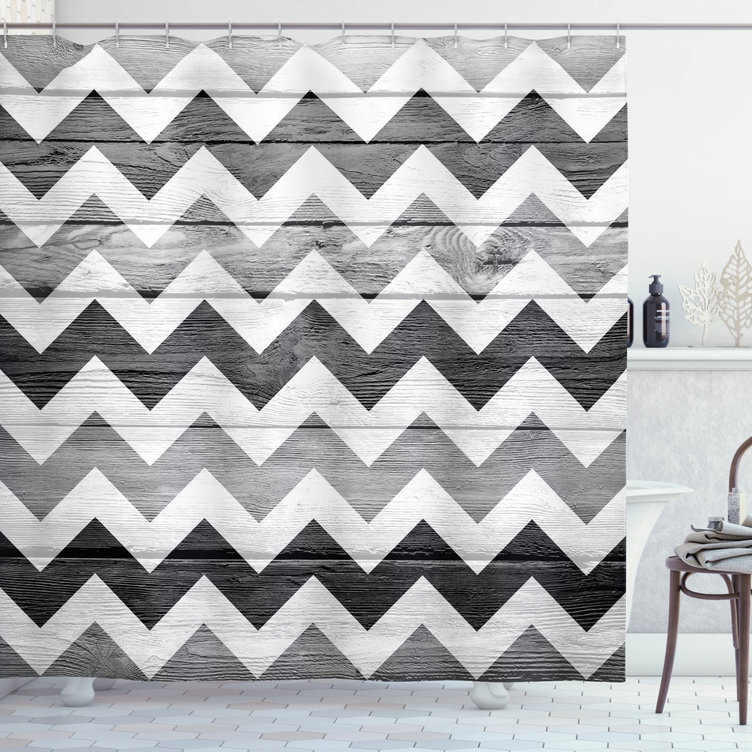 Chevron Shower Curtain, Zig Zag Lines Pattern On Wooden Texture