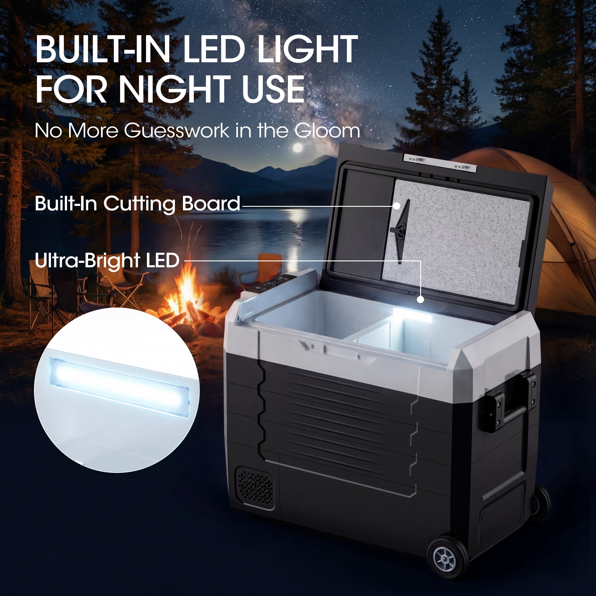 UrbanSync 58QT/55L Portable Compressor Fridge Dual Zone APP Control with LED Light & Included Cutting Board Wheels for Car Home Camping