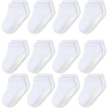 CozyWay Toddler Socks With Grippers Non Slip Low Cut Grip Socks for Girls and Boys Soft Comfy Cotton - 3T-5T Unisex White - 12 Pack