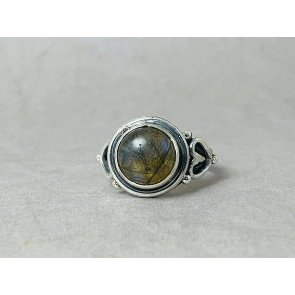 Heaven Crafts Natural Labradorite Ring Round Shape Gemstone Sterling Silver 925 Ring For Women