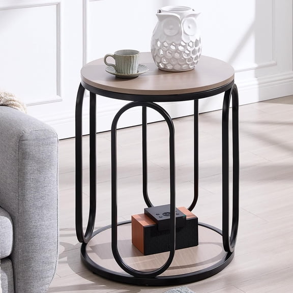 19.7" 2 Tier Round End Table, Industrial Side Table with Oval Metal Frame for Living Room, Wood Round Nightstand for Bedroom, Cream Brown
