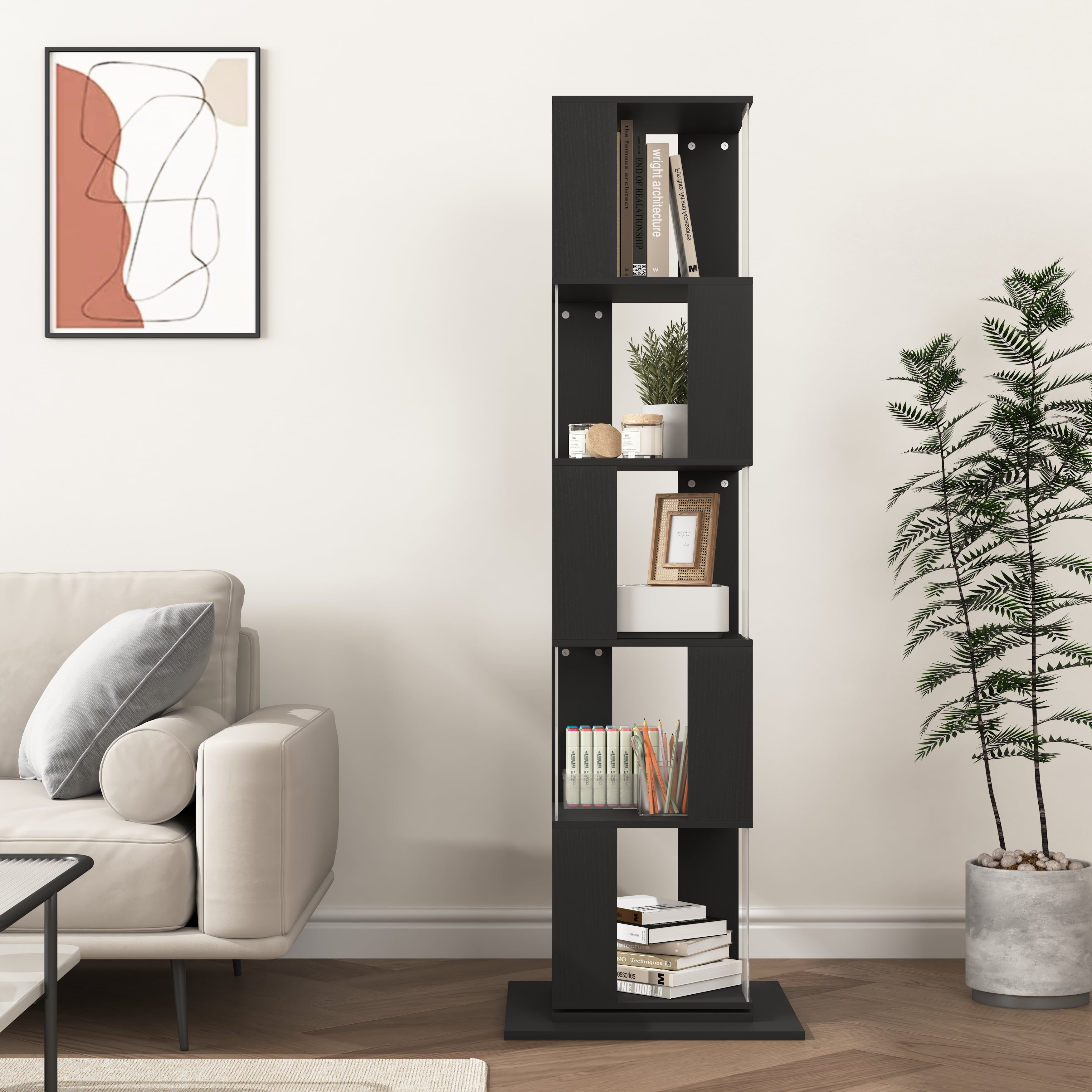 360-Degree Rotating Bookshelf with Wood Veneer & Clear Acrylic Panels, Large Capacity Space-Saving Storage Rack with Anti-Toppling Base for Books Decor Albums Living Room Office