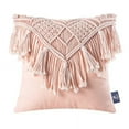 thumbnail image 3 of Phantoscope 100% Cotton Handmade Crochet Woven Boho with Tassels Series Half Covered Throw Pillow, 18" x 18", Pink, 1 Pack, 3 of 7