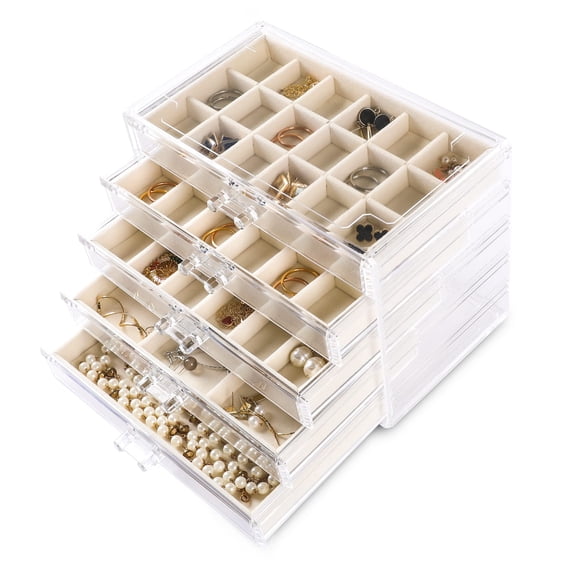 Acrylic Jewelry Organizer Earring Organizer Box with 5 Drawers Earring Holder Organizer with Velvet Trays Clear Jewelry Box for Women Earring Display for Rings Studs(Beige)
