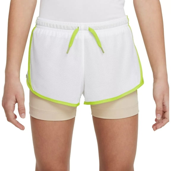 Nike Girls' Dri-FIT Tempo 2-in-1 Training Shorts -(White/Neon Green, Small)