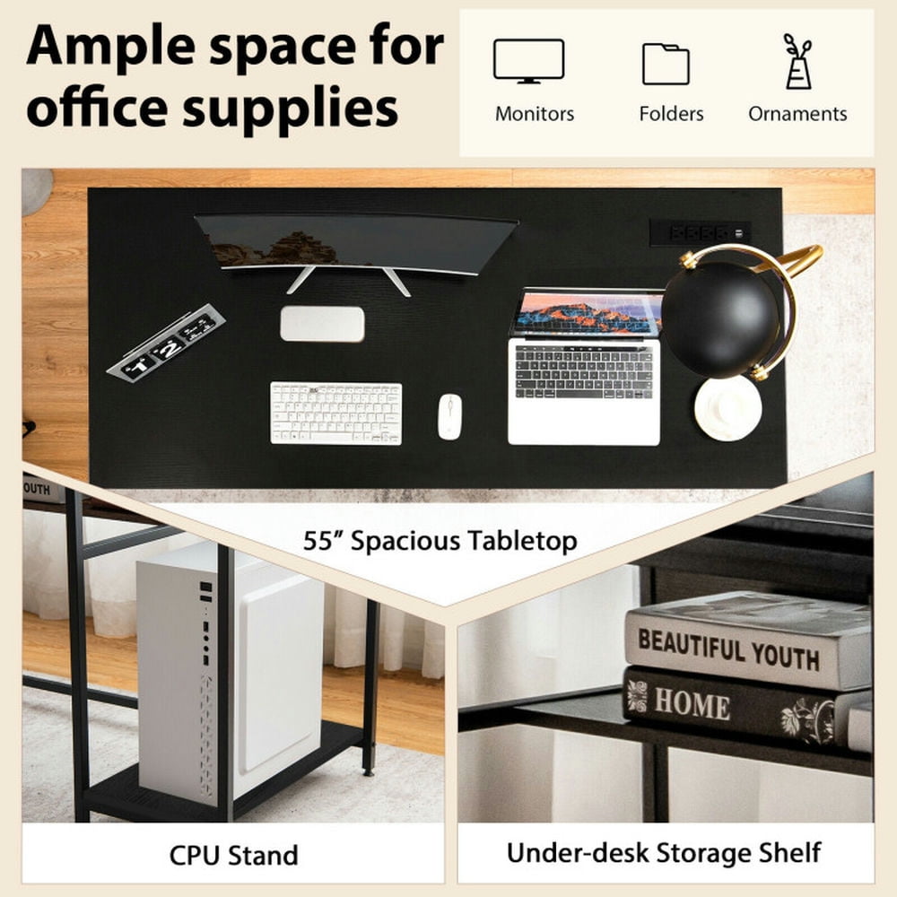 Demi Bonn 55" Computer Desk with Power Outlets and USB Ports for Home and Office Study Writing Table, Black