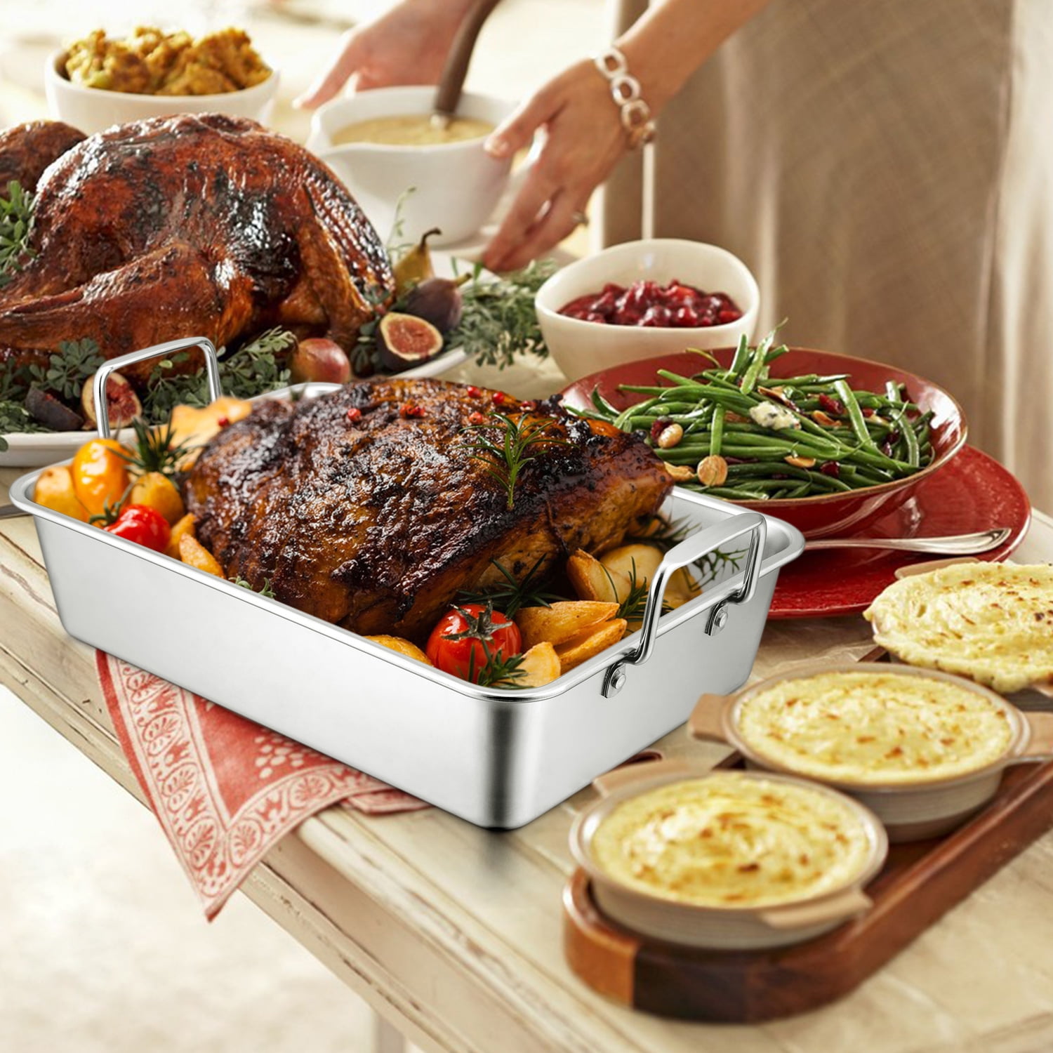 Walchoice Roasting Pan with Rack Set, 16 Inch Stainless Steel Large Turkey Roaster with V-shaped rack & Cooling Rack for Thanksgiving, Heavy Duty & Dishwasher Safe
