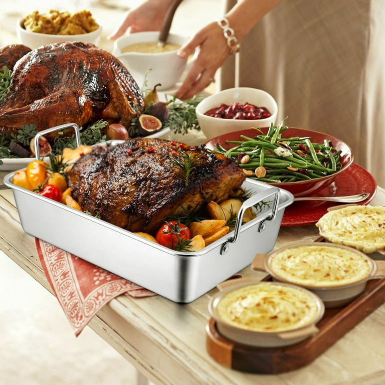 Walchoice Roasting Pan with Rack Set, Stainless Steel Large Turkey Roaster  with V-shaped rack & Cooling Rack for Christmas Thanksgiving, Heavy Duty &  Dishwasher Safe - 15.7” x 10.6” x 5.5” 
