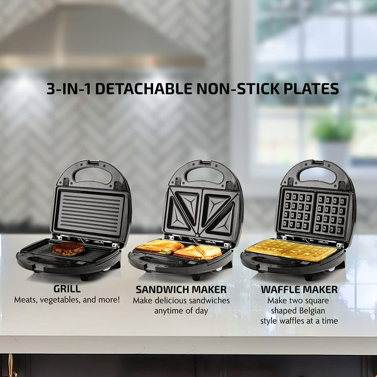 OVENTE 3 in 1 Electric Sandwich Maker, Panini Press Grill, Non-Stick  Plates, New- Black GPI302B