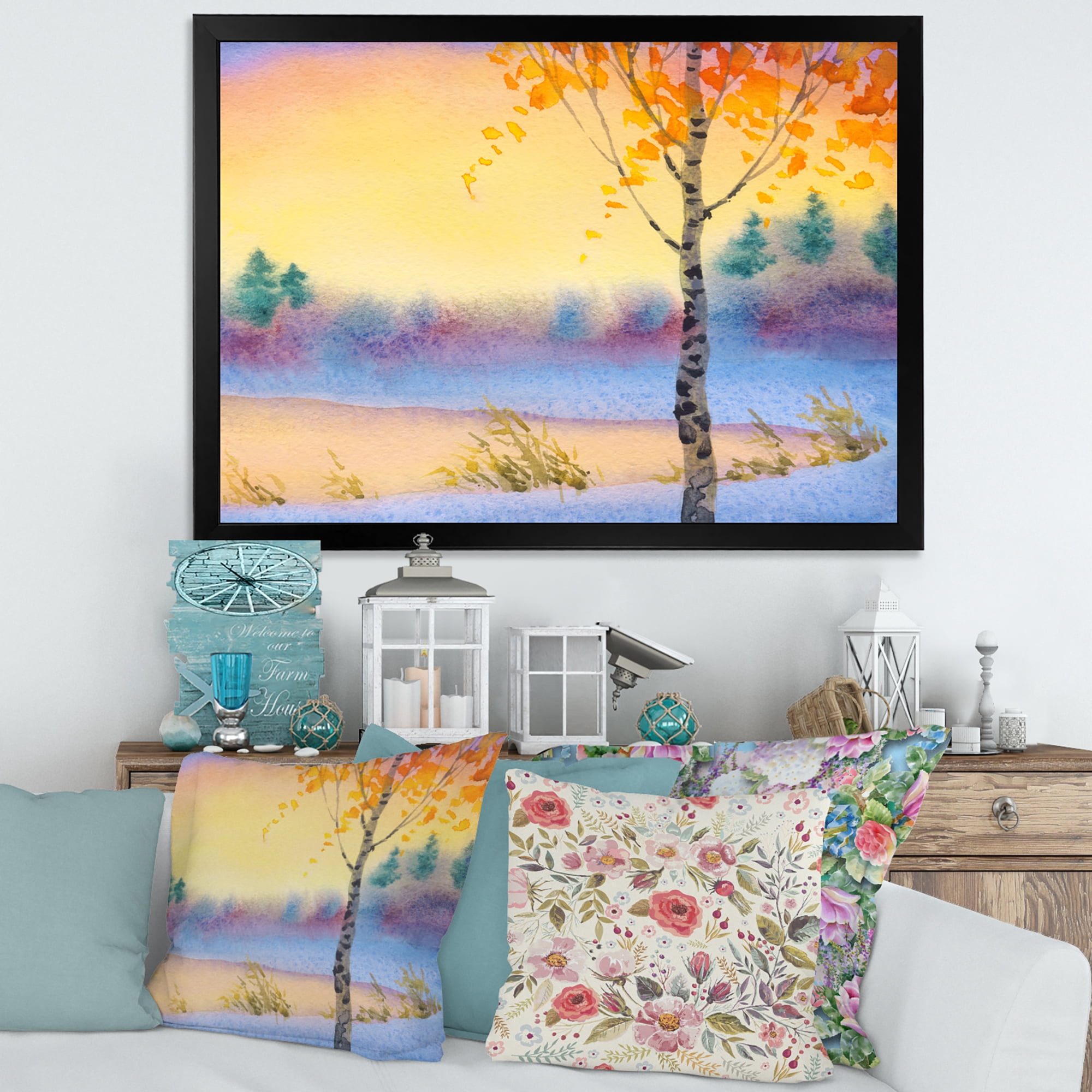 Designart 'Evening Sky Over Lake Winter Landscape' Traditional Framed Art Print