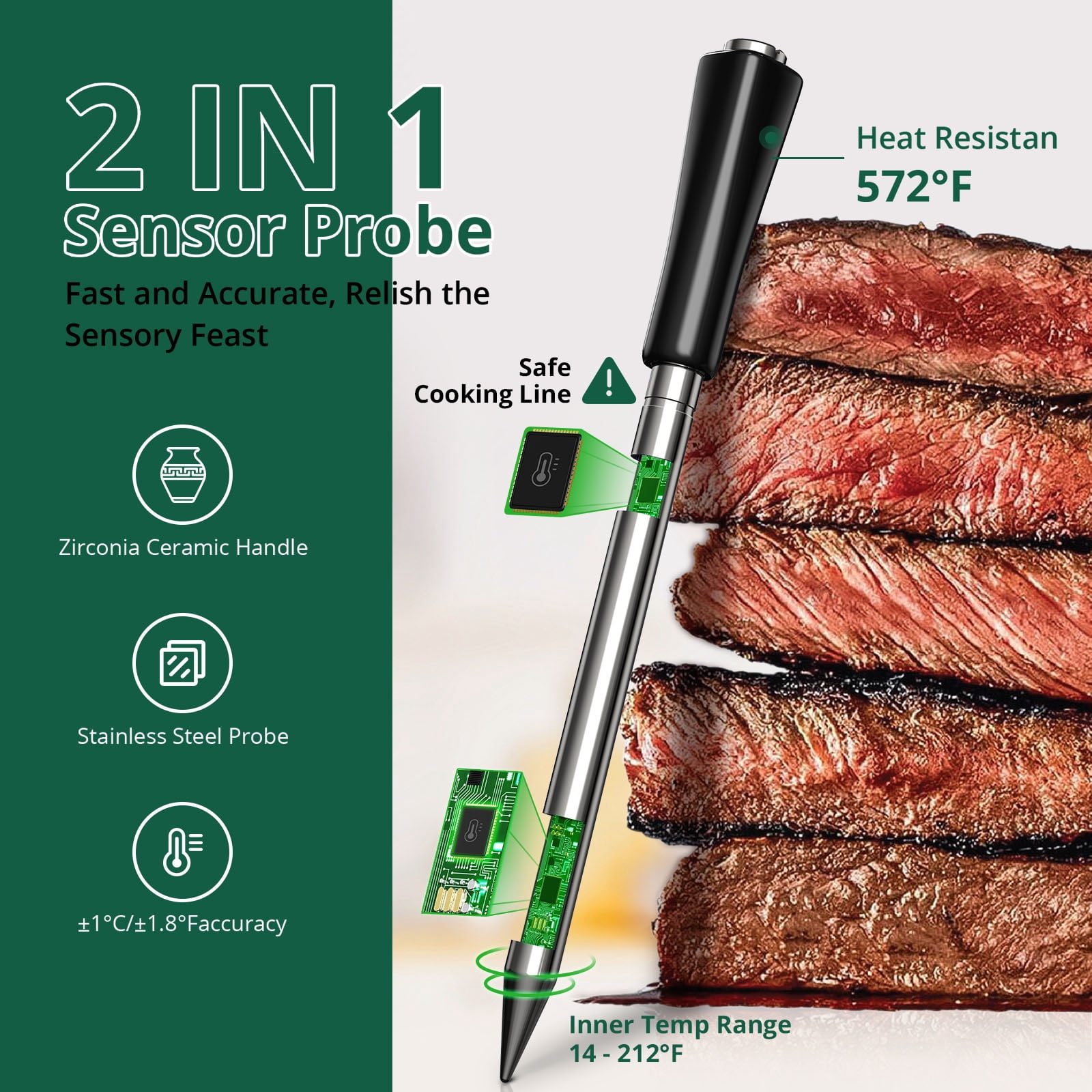 Wireless Meat Thermometer INT-11X-B, Bluetooth Meat Thermometer for Grilling and Smoking, App Remote Control, IP67 Waterproof, 25 Hours of Continuous Cooking, Stylish Gift for Men Women,Green