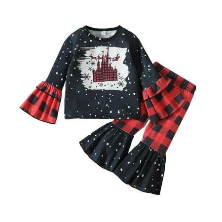 

Toddler Baby Kids Girls Suit Christmas Letters Long Sleeve Top Plaid PrintsBell Bottom Pants 2PCs Set Outfits