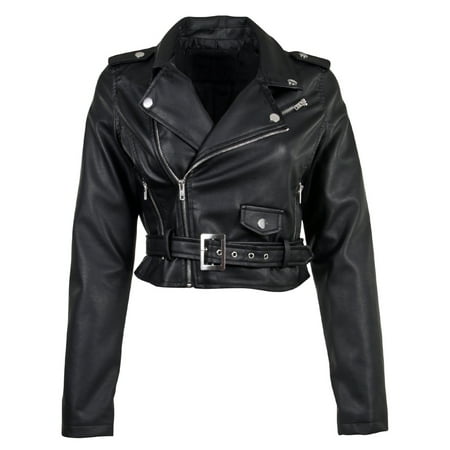 Women's Juniors Fashionable Cropped Faux Leather Moto Biker (Best Faux Leather Jacket)