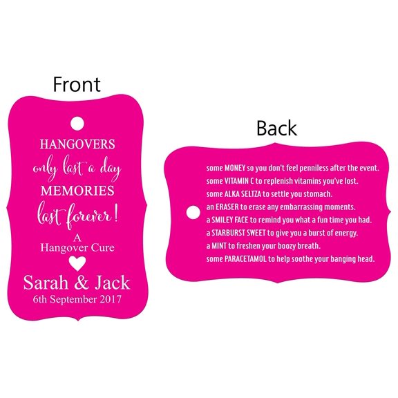 100 PCS Hangovers Custom Made Hang Tags Front and Back Personalized Text Wedding Favor Gift Paper Tags- Colors Available