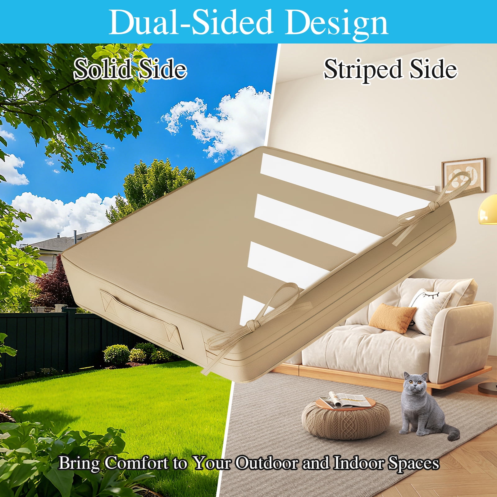 Jane Stone 2pcs Outdoor Seat Cushions with handle and Ties, 20" x 20" x 3" Water-resistant Outdoor Seat Pads Extra Thick Patio Chair Cushions for Patio Furniture - Beige