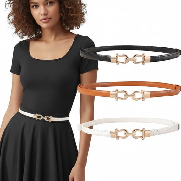 3 Pack Women Skinny Faux Leather Belts, Thin Waist Belts with Gold Buckle, Black Camel White for Jeans Dresses
