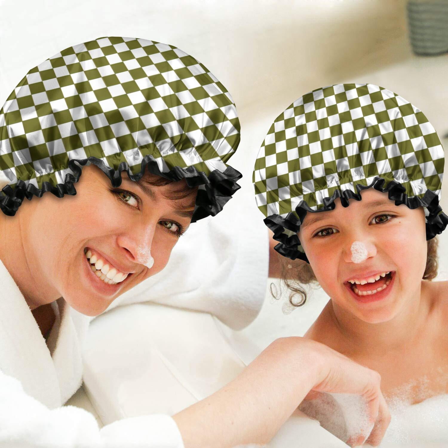 Shower Caps,Olive Green and White Checkerboard Pattern Waterproof Shower Cap for Women 4 Pieces,Double Reusable Hair Cover for Shower PEVA Elastic Stretch Hem