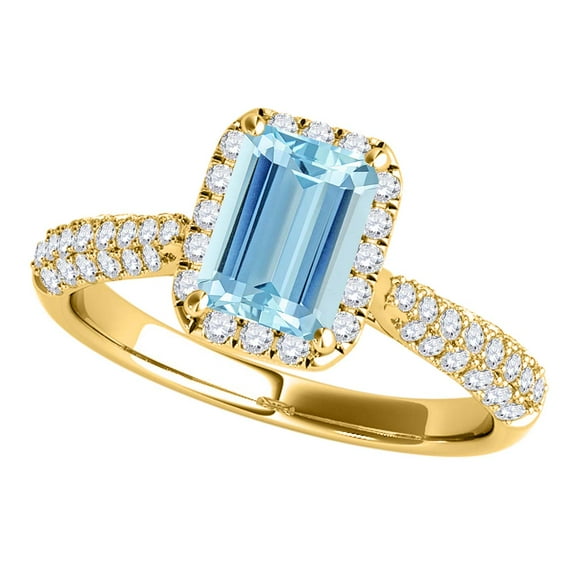 Rings for Women 3.46 Carat Diamond and Emerald Shaped Aqumarine Pave 10K Yellow Gold
