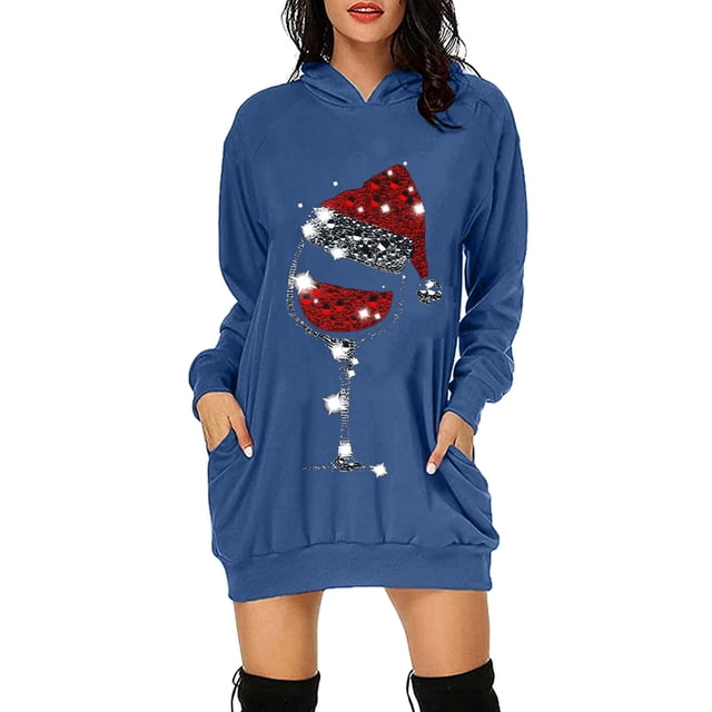 EHQJNJ Sweat à Capuche Graphique pour Femmes Manches Longues Décontracté avec Poche Robe Pull de Noël