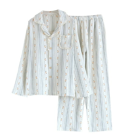 Wang6 Women s Cotton Pajamas Sets 2 Piece Long Sleeve Pjs Set Causal V Neck Button Shirts Straight Leg Pants Ladies Loose Little Floral Printed Sleepwear Lounge Sets Blue XL