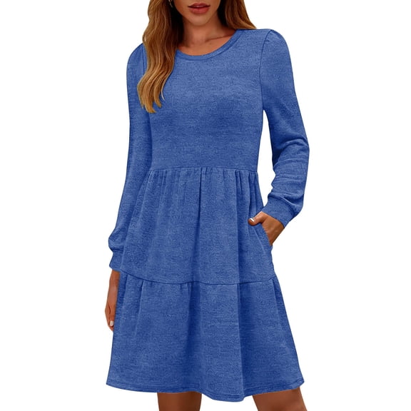 Ygbgbb Women's Long Sleeve Midi Dress Solid Casual Crew Neck A Line Dresess with Pockets All Season Wear 2026 Fashion Outfits Blue XL