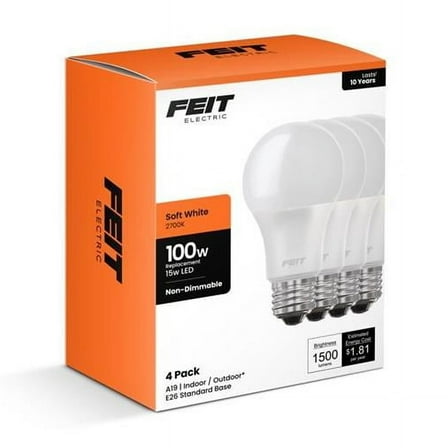 Feit Electric 3018644 100W A19 E26 Equivalence Medium LED Bulb, Soft White - Pack of 4