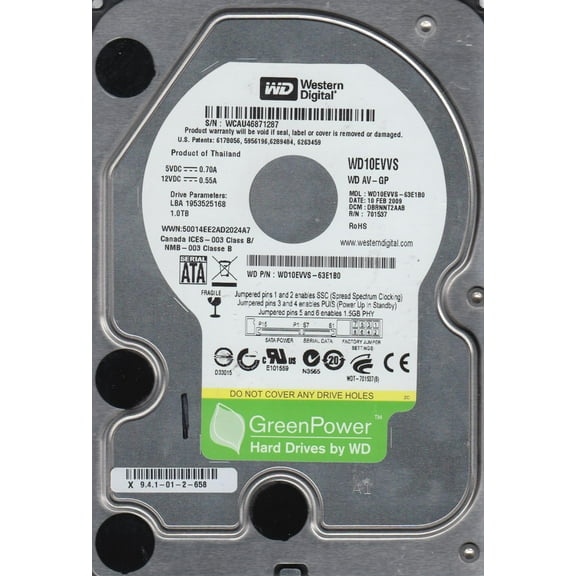 WD10EVVS-63E1B0, DCM DBRNNT2AAB, Western Digital 1TB SATA 3.5 Hard Drive