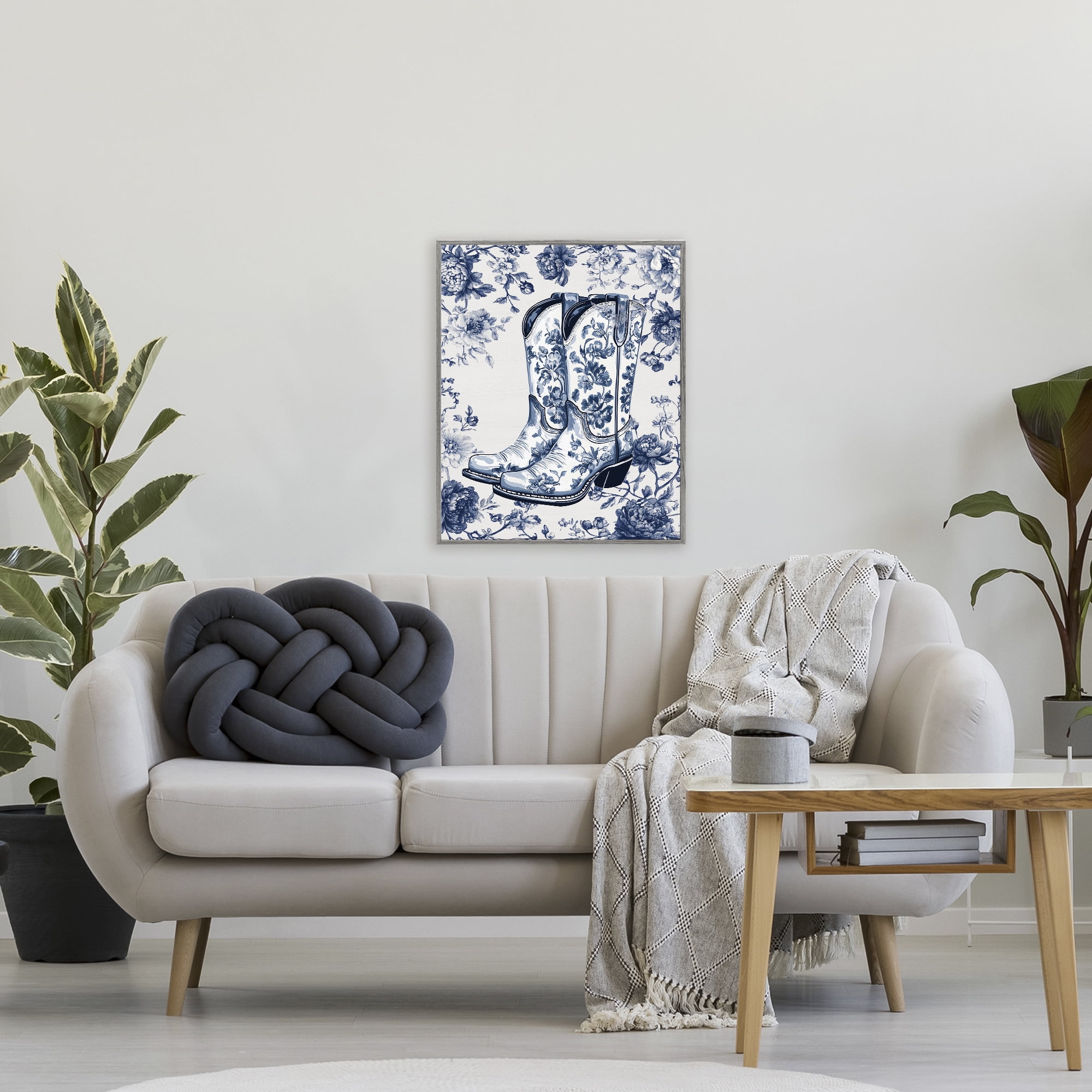 Blue Spring Florals & Boots Gray Framed Giclee Art, design by Lettered and Lined