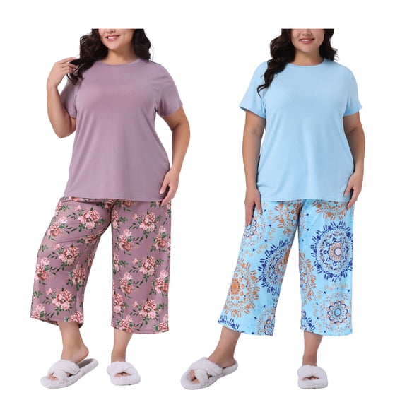 Agnes Orinda Women's Plus Size 2 Pack Sleepwear Printed Pattern Short Sleeve Tops with Pants Lounge Pajamas Sets 1X Purple/Blue
