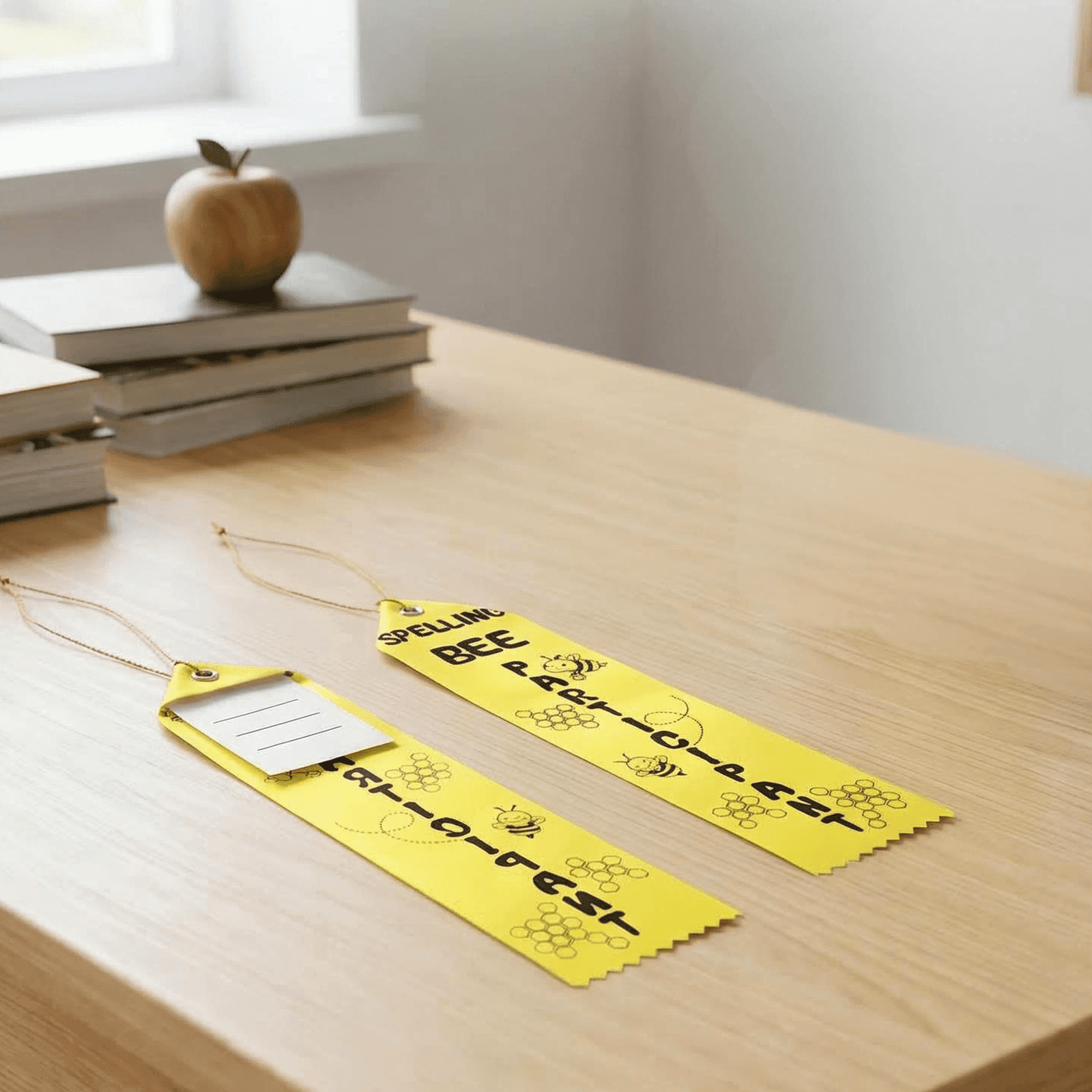 100Pcs Spelling Contest Reward Ribbons, Yellow Bee Theme with Matching Cards and Lanyards, Cute Eye-Catching Participant Ribbons for Contest Rewards Display and Gifting