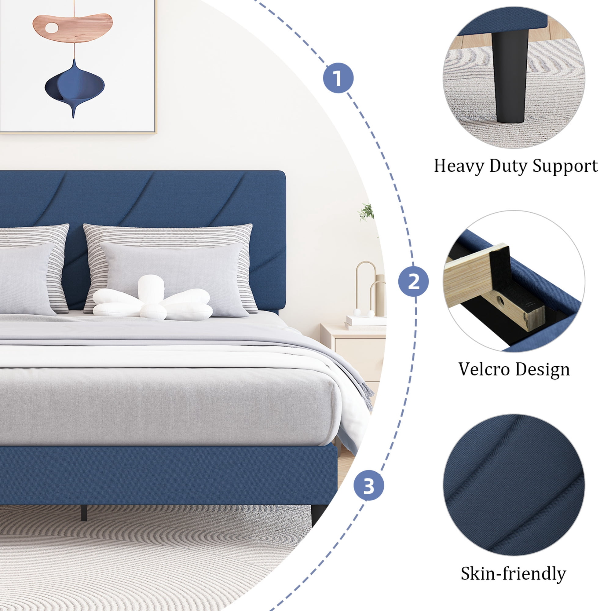 4 EVER WINNER Full Size Bed Frame with Adjustable Headboard, Full Bed Frame with Linen Fabric Upholstered, Strong Wooden Slats, No Box Spring Needed, Noise Free, Easy Assembly, Blue