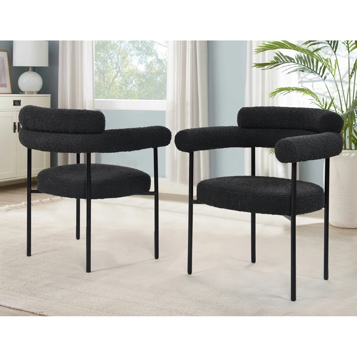 Dining Chair Set of 2, Black Boucle Fabric Upholstered Armchairs with Stainless Steel Metal Frame, Modern Glam Accent Seating for Dining Room, 28"L x 24"D x 32"H with Medium Firm Foam