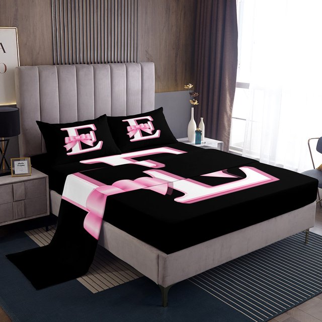 Erosebridal Initial E Letter Bed Sheets Set King Size, Princess Bow Bed Sheets King, Monogrammed Reversible Sheet Set King, Microfiber Room Decor, 4 Pieces