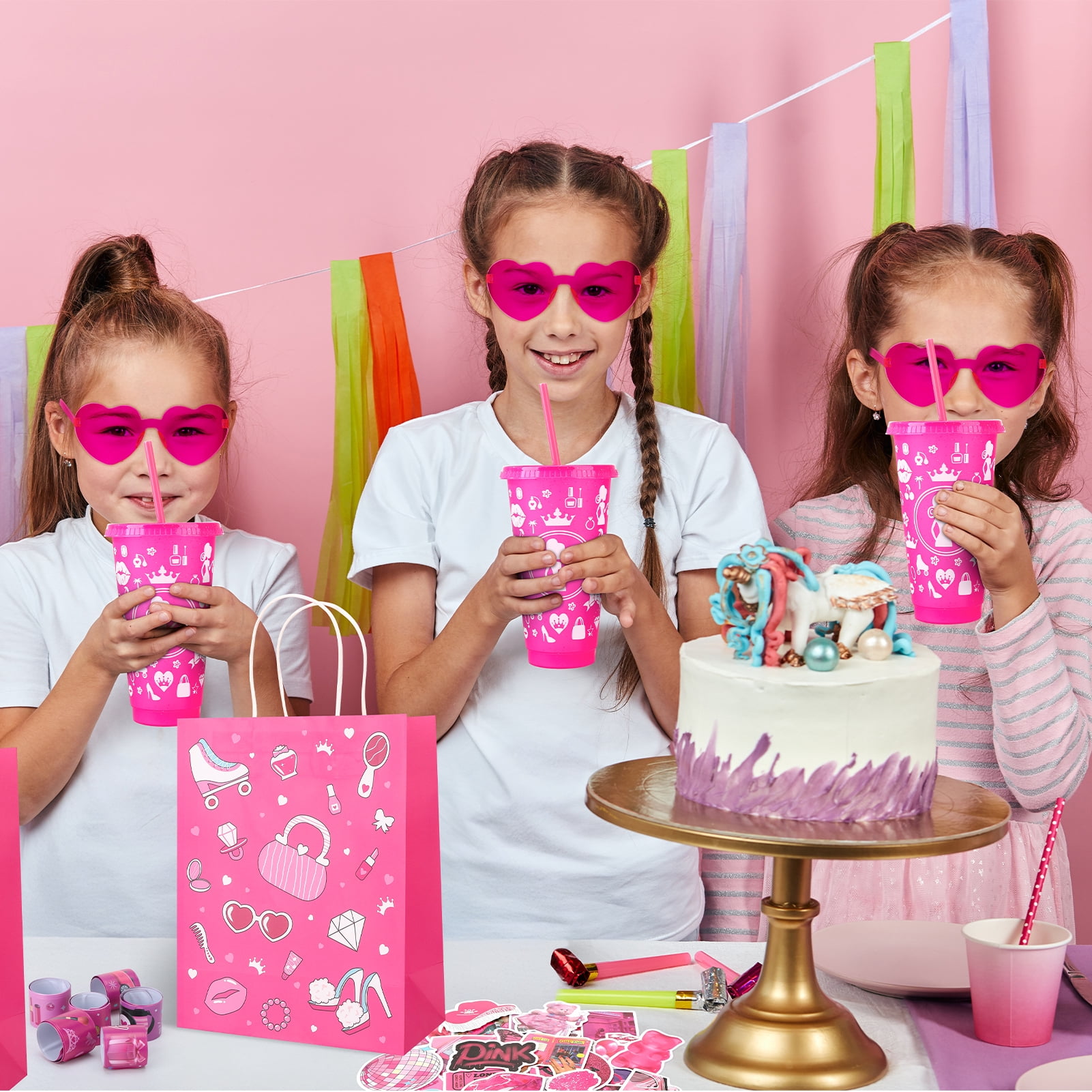 sixwipe 134 Pcs Princess Party Favor Set, Pink Birthday Party Supplies, Treat Box Stuffers Include Customized Plastic Tumblers, Sunglass, Bracelets, Hair Ties for Girl Birthday Supplies