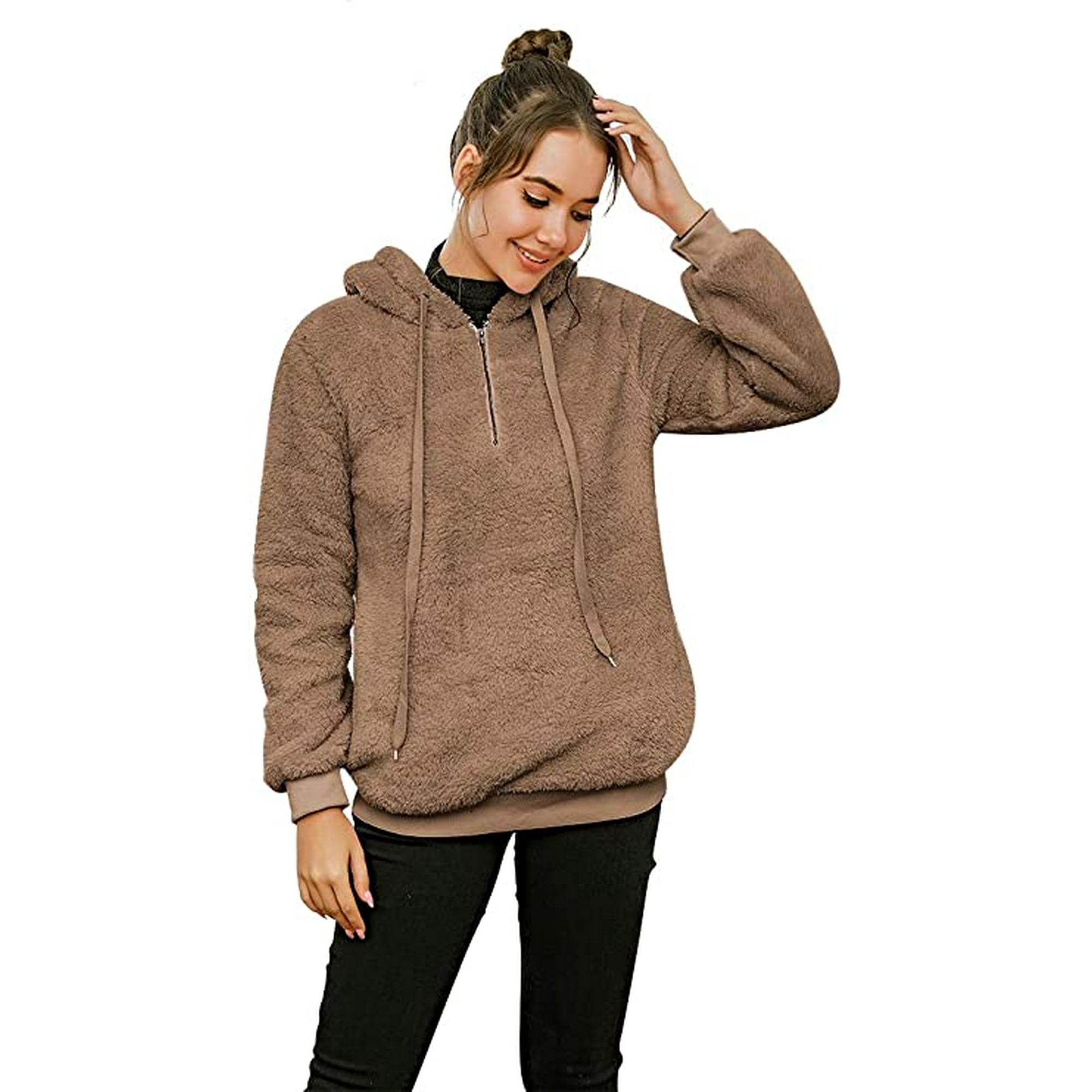Womens Fuzzy Sherpa Hoodies Pullover Zip Fleece Sweatshirt Outwear