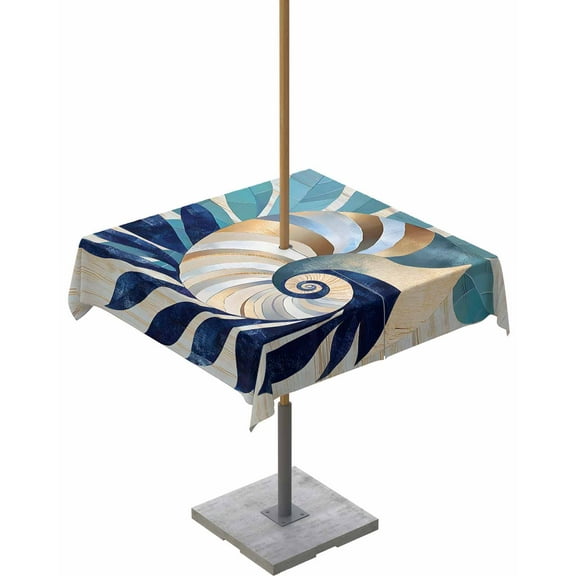 Fsddascl Navy Blue Teal Coastal Outdoor Tablecloth - 54x54 Inch Square Dining Table Cover, Abstract Art Nautical Ocean Conch Waterproof Outdoor Table Cloth with Umbrella Hole & Zipper for Patio